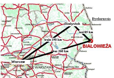 North-east Poland, ways of reaching Bialowieza 
from Warsaw